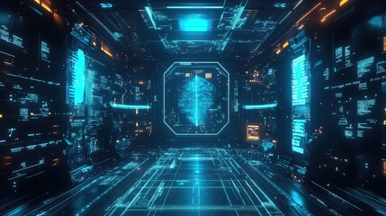 Digital tunnel connecting systems and processing vast amounts of information, depicting concepts of cybersecurity, biometrics, and advanced technological infrastructure