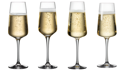 Four champagne flutes filled with bubbly champagne isolated on transparent background