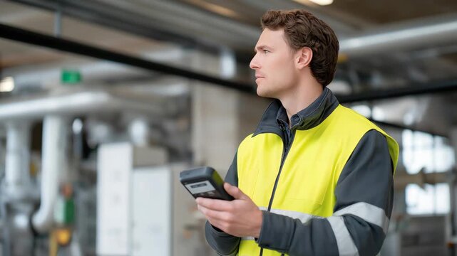 Worker adjusting valves in a district heating plant, pipes stretching overhead as steam data displays update instantly on a handheld controller &mdash; thermal energy distribution, urban heating systems,