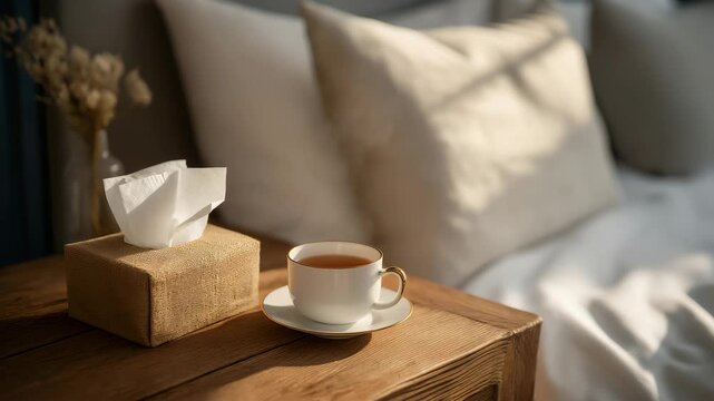 A box of eco-friendly tissues on a wooden nightstand beside herbal tea, bedroom glow emphasizing comfort and wellness &mdash; home care, sustainable hygiene products, and cozy lifestyle aesthetics.