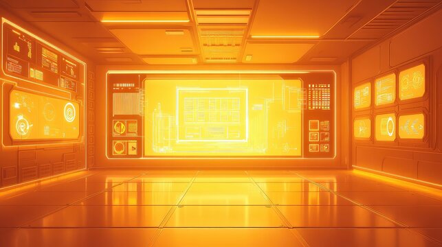 Futuristic server room displaying complex data interfaces and system schematics on multiple glowing orange screens, representing advanced technology and digital infrastructure - Powered by Adobe