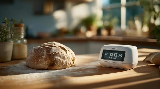 A digital kitchen timer glowing softly on a wooden countertop as a baker kneads dough, flour drifting in warm sunlight &mdash; home baking timing precision, culinary workflow, and cozy kitchen