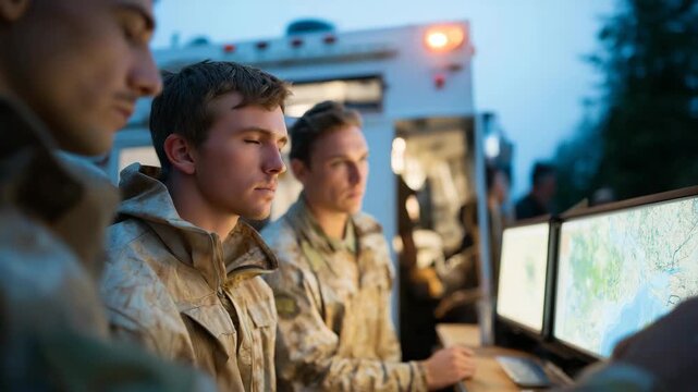 A disaster-response team coordinating around a mobile command truck, digital maps glowing under floodlights as rescuers plan evacuation routes during a rapidly approaching storm &mdash; emergency