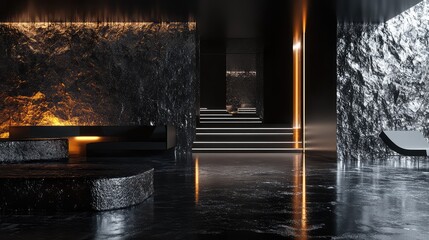 Modern interior design showcasing textured dark walls with warm and cool ambient lighting, reflecting on a wet look floor, leading up illuminated stairs in a contemporary luxury space