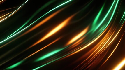 Abstract digital rendering featuring flowing neon lines in bold green and orange colors, creating a dynamic surface with reflective light streaks and modern energy