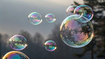 Iridescent Soap Bubbles Floating in Soft Light