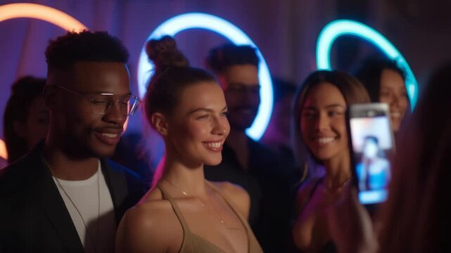 A photo experience booth with LED ring lights and colorful backdrops, attendees snapping branded social content while photographers adjust angles &mdash; social media engagement activation, experiential