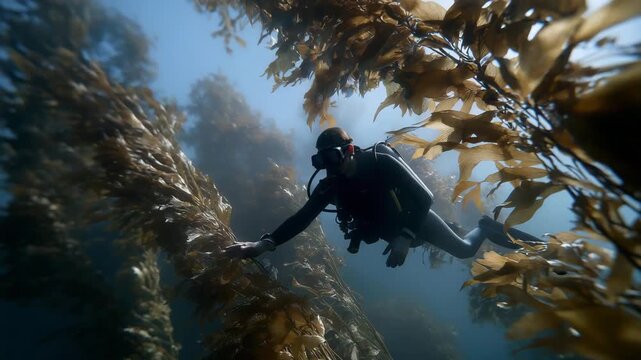A scuba diver photographing an underwater kelp forest swaying in slow motion, beams of sunlight cutting through the green canopy &mdash; marine habitat documentation, ocean photography, and thriving