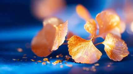 Collection of golden leaves resting gently against dark blue wall enhancing simplicity and elegance