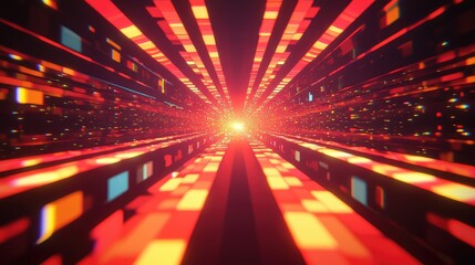 Abstract background presenting a futuristic digital data processing tunnel, showing information stream and network communication with glowing light grid patterns leading to a bright future