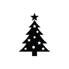 Black Christmas Tree Icon with Stars and Ornaments