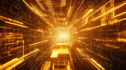 Flying through an abstract digital data tunnel of glowing orange lines and streams toward a bright vortex, evoking high speed connectivity, ai driven networks and futuristic tech