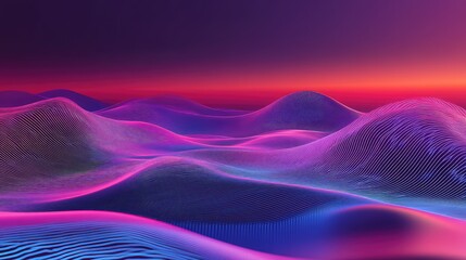 Abstract digital landscape showing undulating wave patterns illuminated by vibrant neon lights, creating a futuristic vision of data, technology, and energy flow