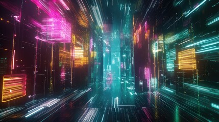 Abstract visualization showing data processing and technology concepts with bright neon lights illuminating a futuristic digital tunnel, representing connectivity and information flow