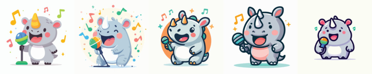 vector of cute rhino singing using a microphone