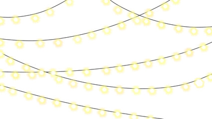 Decorative hanging yellow string lights on transparent background. The small, bright lights glow with a starburst effect. For event invitations, seasonal greetings, holiday backdrops. PNG. Festive