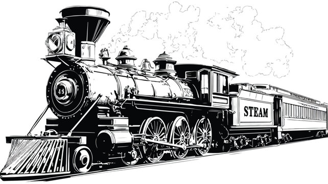 Modern black train with 'Steam' on front vector illustration for design projects