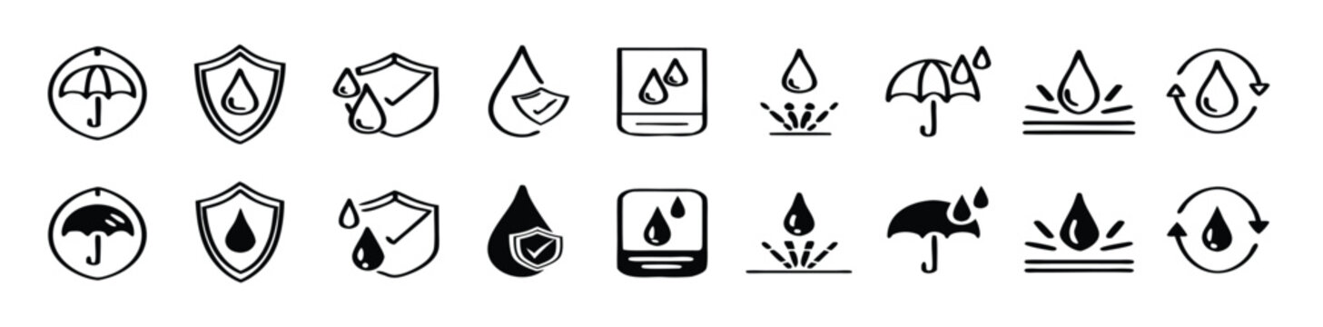 Waterproof icon set. Containing water resistant, water protection, hydrophobic fabric and more. Vector illustration.