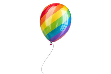 A helium-filled, diagonally-striped rainbow balloon with a small tied knot, shown against a pure white backdrop