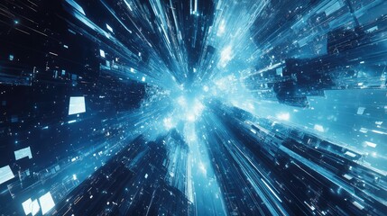 Futuristic abstract cyberspace tunnel visualizing high speed data flow, network connectivity, and artificial intelligence concepts with vibrant glowing blue light particles moving dynamically