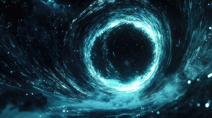 Dynamic blue energy forms a luminous swirling vortex, suggesting a cosmic portal or wormhole traveling through dark interstellar space filled with shimmering particles and nebulous forms