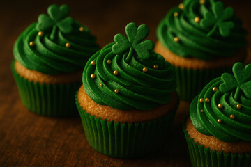 St. patrick s day cupcakes with shamrock toppers and green frosting on wooden table