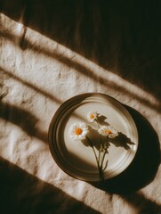 Fototapeta premium Soft Spring Light Shines on a Plate With Flowers on Linen Cloth in a Simple Setting During a Quiet Morning