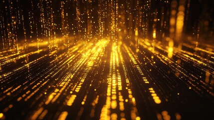 Golden particles creating a digital data stream, flowing across a dark surface, visualizing network connections, big data analysis, and advanced technology concepts