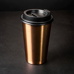 Bronze Metallic Coffee Cup with Black Lid on Dark Background
