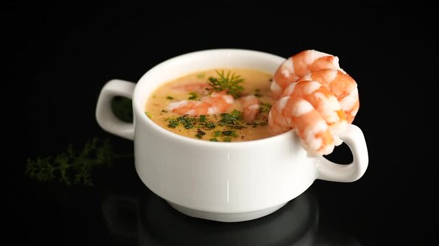 Delicious creamy shrimp bisque presented on glossy black reflective surface