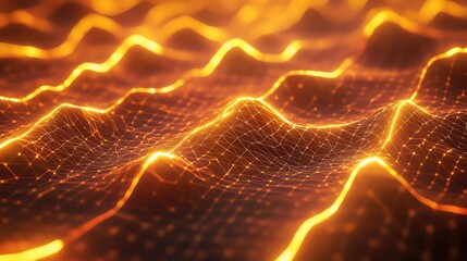 Luminous network presenting abstract wave patterns and interconnected glowing particles, symbolizing data flow, technology, and virtual connectivity across a futuristic landscape