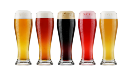 Five Glasses of Assorted Craft Beer Tasting Flight - Lager, Amber, Stout, Red Fruit Beer, and Wheat Beer Isolated on transparent background