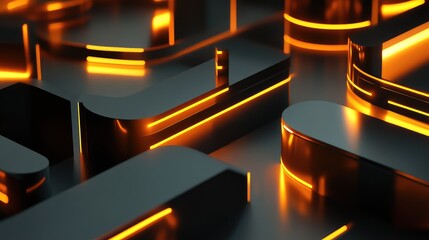 Dark abstract geometric shapes illuminated by glowing orange lines create a complex digital network, depicting technological innovation and symbolizing data flow and connectivity