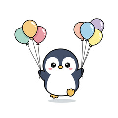 A cute cartoon penguin happily holds colorful balloons in its flippers outdoors.