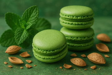 Green mint macarons with almonds on textured background