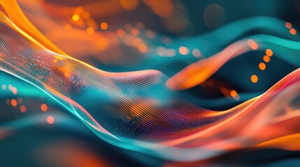 Abstract network waves gracefully flowing with vibrant orange and teal colors, representing digital technology, data streams, and communication concepts with bokeh lights