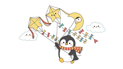 Obraz premium A penguin wearing a scarf flies kites with star and moon shapes in the sky.
