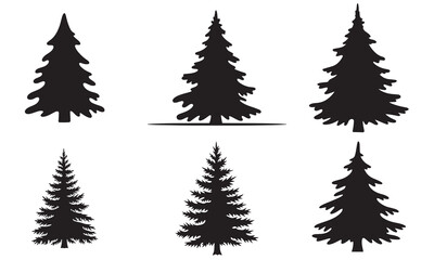 Set of six black silhouette evergreen pine tree shapes for design use