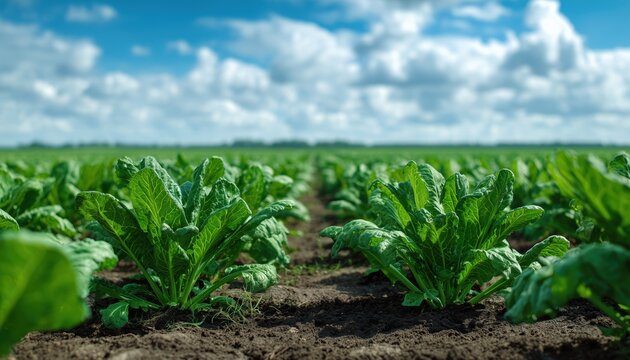 Beautiful Agricultural Landscape Of A Lush Sugar Beet Field With Young Plants In A Sugar Beet Field Setting. Rich Scenery.