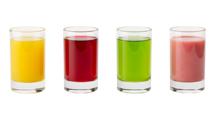 Set of Four Colorful Beverage Shot Glasses with Orange, Red, Yellow, and Green Liquid Isolated on transparent background