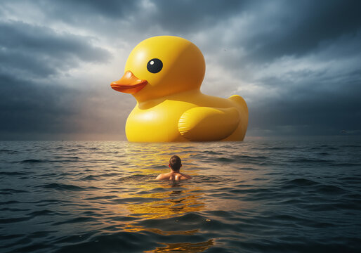 Surreal concept of a lone person swimming towards a giant rubber duck in a stormy sea.