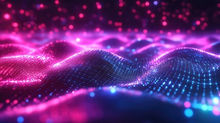 Abstract surface of glowing blue and pink particles forming a dynamic, wavy grid representing data flow, energy, innovation, and interconnected technology