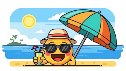 Happy Emoji Enjoying Tropical Beach Vacation Under Umbrella with Cocktail.