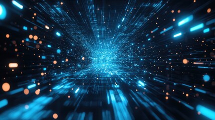 Digital data stream flowing through an illuminated tunnel, representing complex network connections, cybersecurity, and advanced computing technologies in a futuristic abstract cyberspace