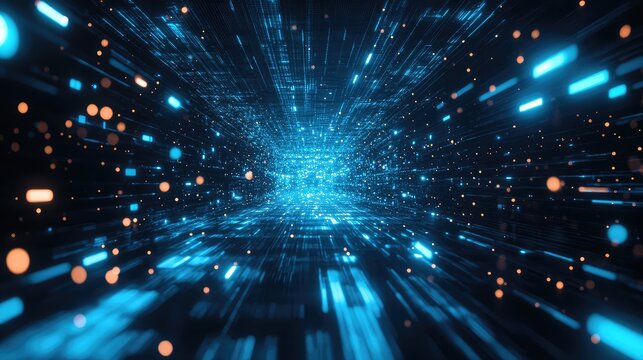 Digital data stream flowing through an illuminated tunnel, representing complex network connections, cybersecurity, and advanced computing technologies in a futuristic abstract cyberspace - Powered by Adobe