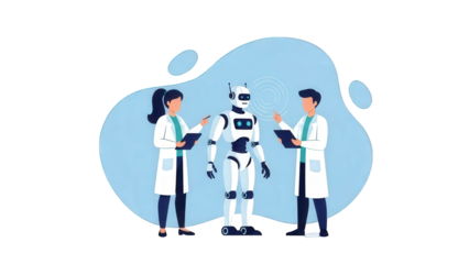 Scientists and robot collaborating on research project with technology and innovation.
