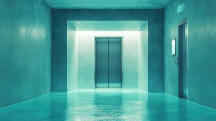 Obraz premium Empty hallway featuring a minimalist, futuristic design with reflective wet floors and brightly lit elevator doors, creating a sense of anticipation and passage in a sterile environment