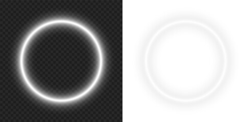 Bright white neon glow circular ring circle frame border with empty center space and glowing lighting effect on transparent background png design.