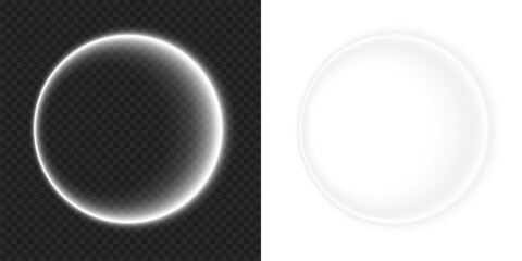 Bright white neon glow circular ring circle frame border with empty center space and glowing lighting effect on transparent background png design.