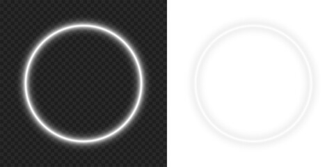 Bright white neon glow circular ring circle frame border with empty center space and glowing lighting effect on transparent background png design. © SharminAkter